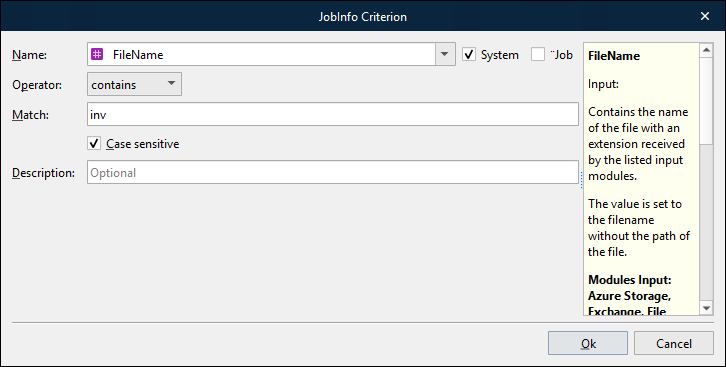 The JobInfo Criterion window for sheet criteria.